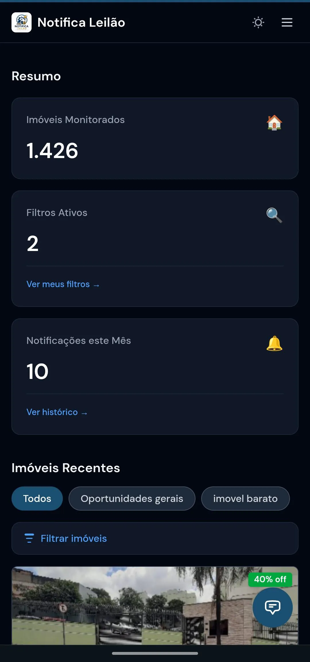 Dashboard do Notifica Leilão com lista de imóveis encontrados — versão mobile