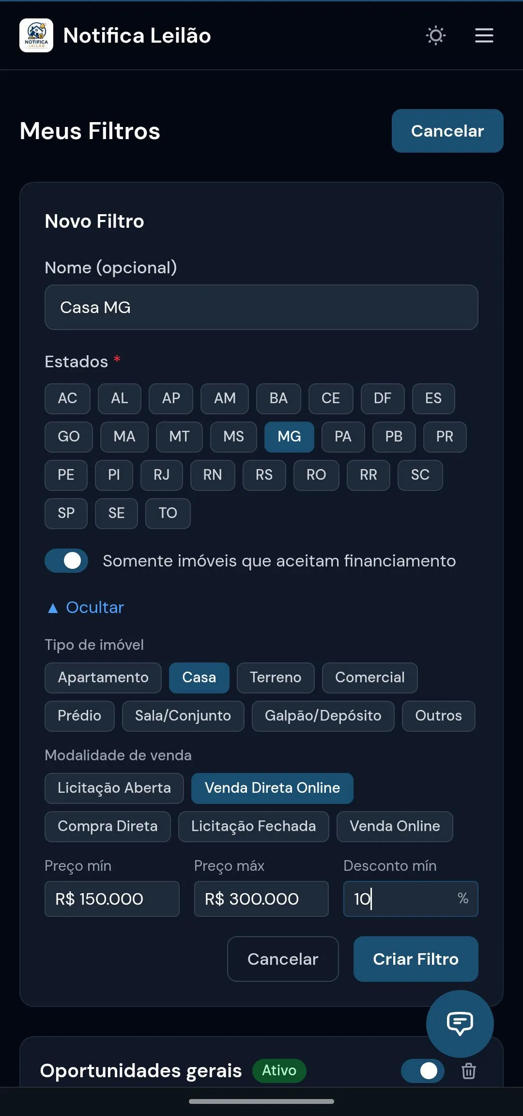 Configuração de filtros de busca por cidade, tipo e preço — versão mobile