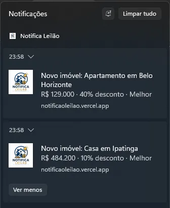 Notificação push recebida no celular com detalhes do imóvel